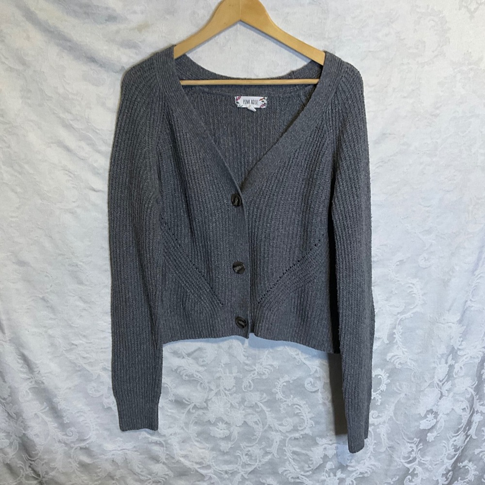 PINK‎ ROSE Women's Grey Ribbed Cardigan Sweater Cottagecore Minimalist Retro